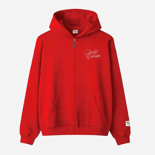 Red oversized full-zip hoodie front view laid flat on a white background. The premium heavyweight cotton fleece CELESTIC Red Basic Hoodie features white script logo embroidery on the left chest, a custom metal 'C' zipper pull, front pockets, and a woven brand patch on the left sleeve.