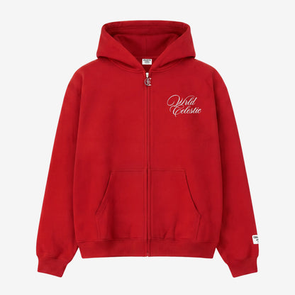 Red oversized full-zip hoodie front view laid flat on a white background. The premium heavyweight cotton fleece CELESTIC Red Basic Hoodie features white script logo embroidery on the left chest, a custom metal 'C' zipper pull, front pockets, and a woven brand patch on the left sleeve.