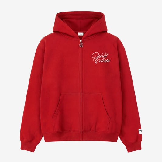 Red oversized full-zip hoodie front view laid flat on a white background. The premium heavyweight cotton fleece CELESTIC Red Basic Hoodie features white script logo embroidery on the left chest, a custom metal 'C' zipper pull, front pockets, and a woven brand patch on the left sleeve.