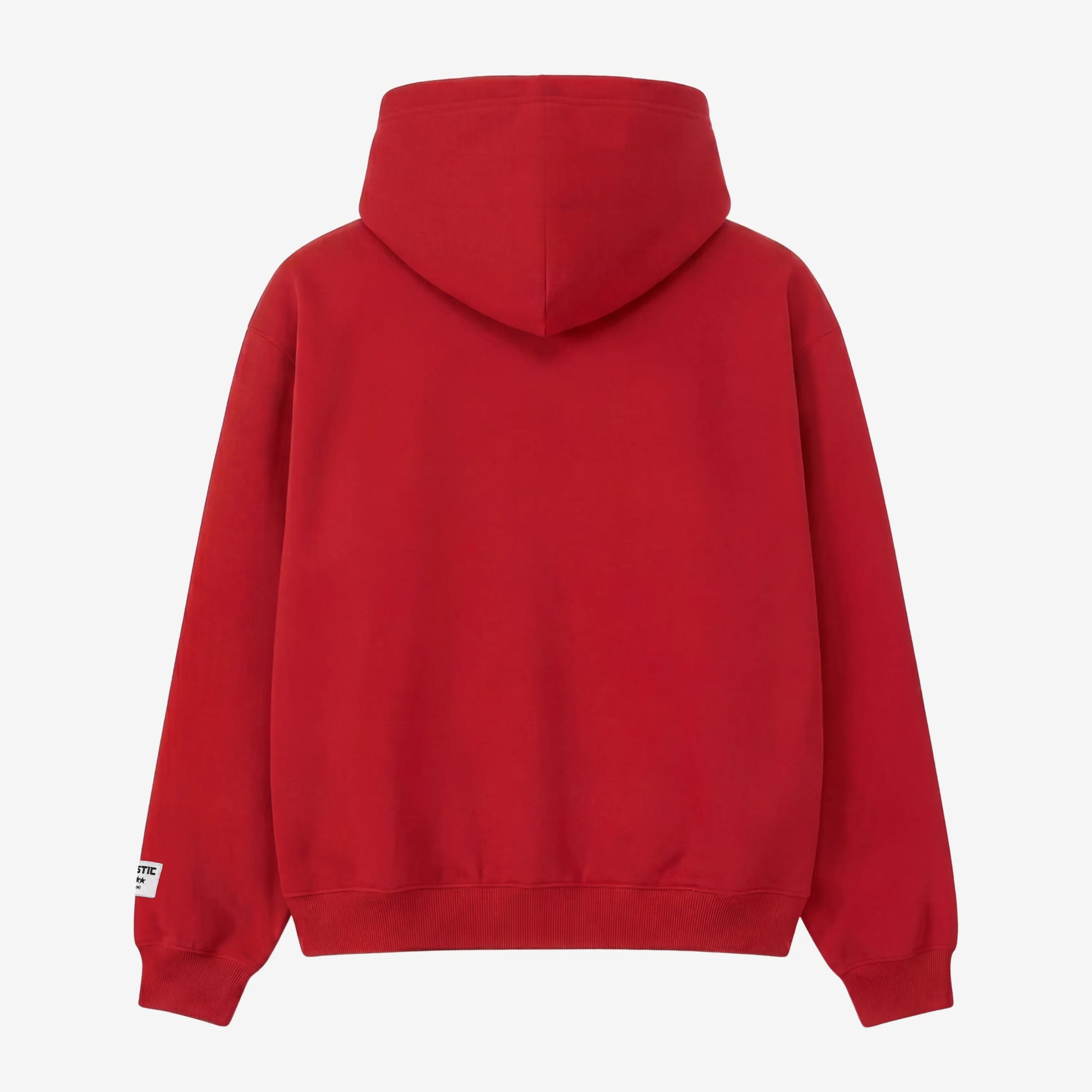 Red oversized full-zip hoodie back view laid flat on a white background. The premium heavyweight cotton fleece CELESTIC Red Basic Hoodie shows a clean minimalist back with a structured double-lined hood and a woven brand patch visible on the left sleeve.
