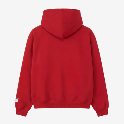 Red oversized full-zip hoodie back view laid flat on a white background. The premium heavyweight cotton fleece CELESTIC Red Basic Hoodie shows a clean minimalist back with a structured double-lined hood and a woven brand patch visible on the left sleeve.
