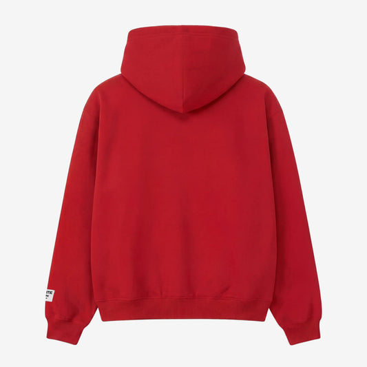 Red oversized full-zip hoodie back view laid flat on a white background. The premium heavyweight cotton fleece CELESTIC Red Basic Hoodie shows a clean minimalist back with a structured double-lined hood and a woven brand patch visible on the left sleeve.