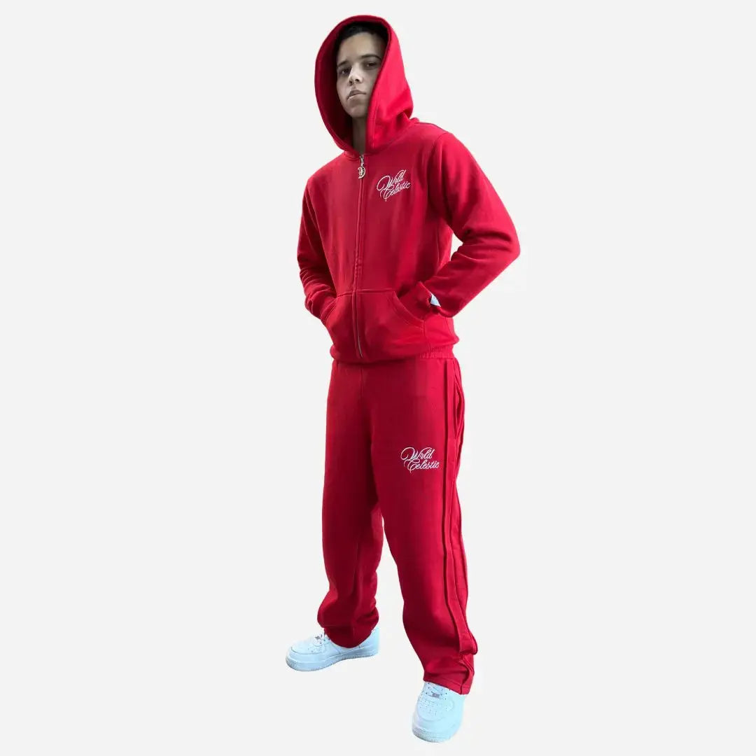Red oversized full-zip hoodie front view laid flat on a white background. The premium heavyweight cotton fleece CELESTIC Red Basic Hoodie features white script logo embroidery on the left chest, a custom metal 'C' zipper pull, front pockets, and a woven brand patch on the left sleeve.