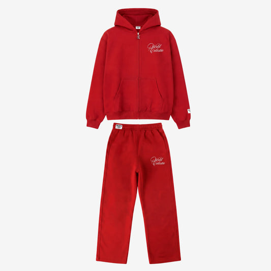 CELESTIC Red Basic Tracksuit front view laid flat. Premium heavyweight red cotton fleece two-piece set featuring an oversized full-zip hoodie and matching sweatpants with white script embroidery details on the left chest and thigh.