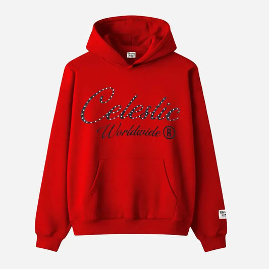 Front view flat-lay photograph of the CELESTIC Red Gemstone Hoodie on a white background. This premium vibrant red cotton fleece pullover hoodie features a classic kangaroo pocket. The chest is detailed with a black screen-printed 'Celestic' script logo beautifully embellished with sparkling rhinestones, followed by 'Worldwide ®' text underneath. A woven CELESTIC brand patch is visible on the left sleeve.
