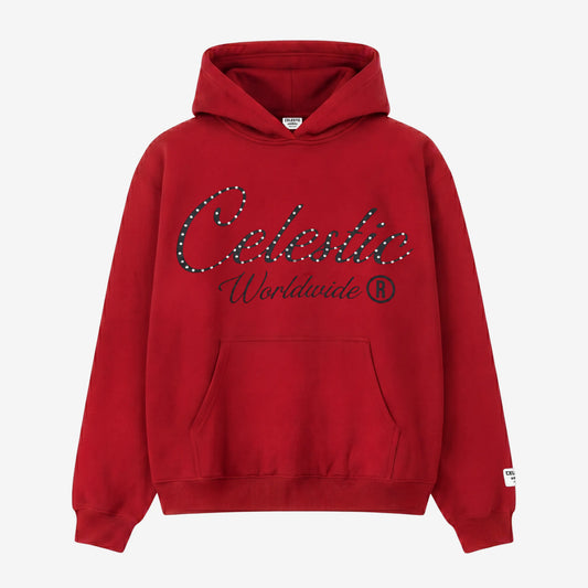 Front view flat-lay photograph of the CELESTIC Red Gemstone Hoodie on a white background. This premium vibrant red cotton fleece pullover hoodie features a classic kangaroo pocket. The chest is detailed with a black screen-printed 'Celestic' script logo beautifully embellished with sparkling rhinestones, followed by 'Worldwide ®' text underneath. A woven CELESTIC brand patch is visible on the left sleeve.