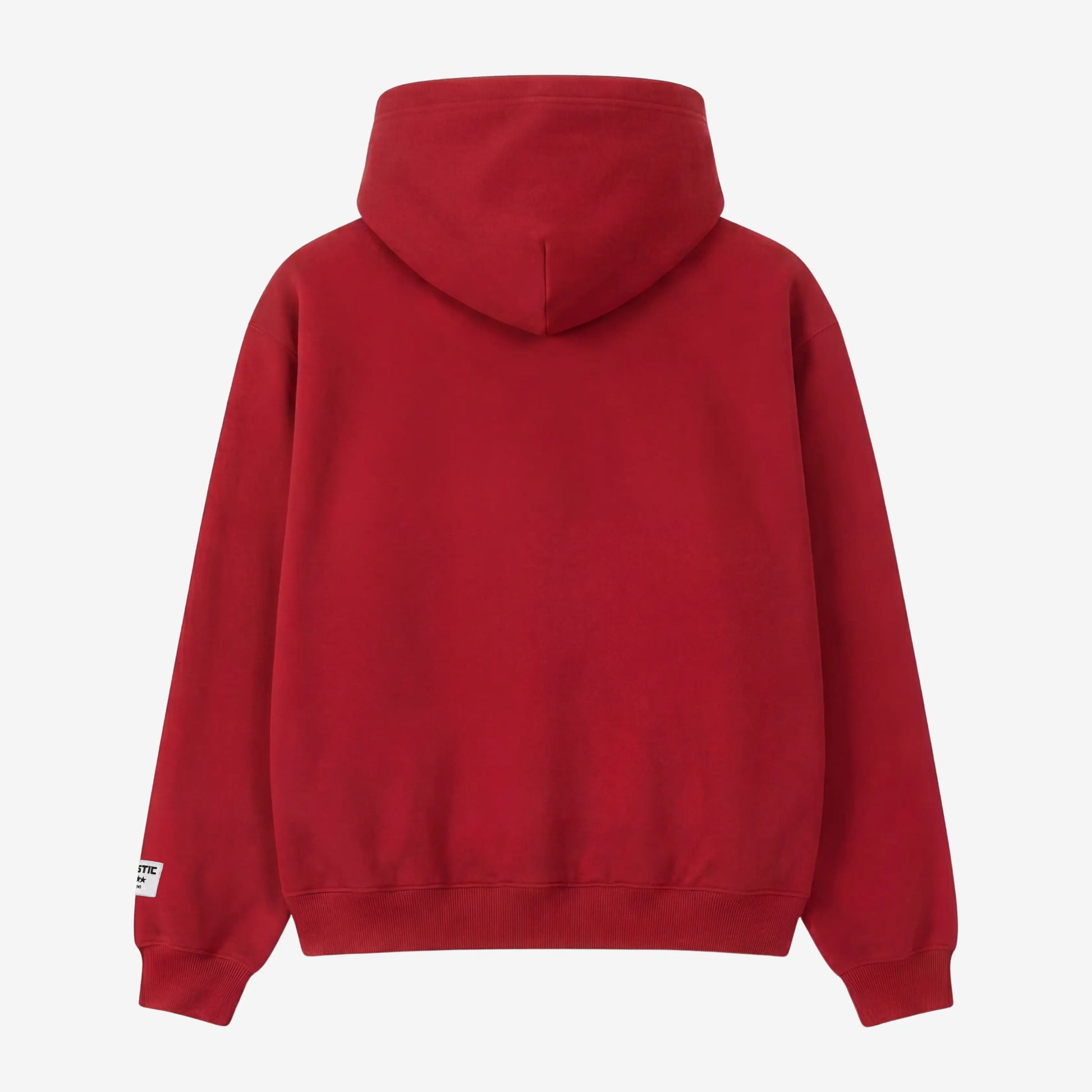 Back view flat-lay photograph of the CELESTIC Red Gemstone Hoodie on a white background. This premium vibrant red cotton fleece pullover features a clean, minimalist back design without graphics, a structured double-lined hood, and ribbed cuffs and hem. A distinct woven CELESTIC brand patch with white text is visible on the left sleeve cuff.