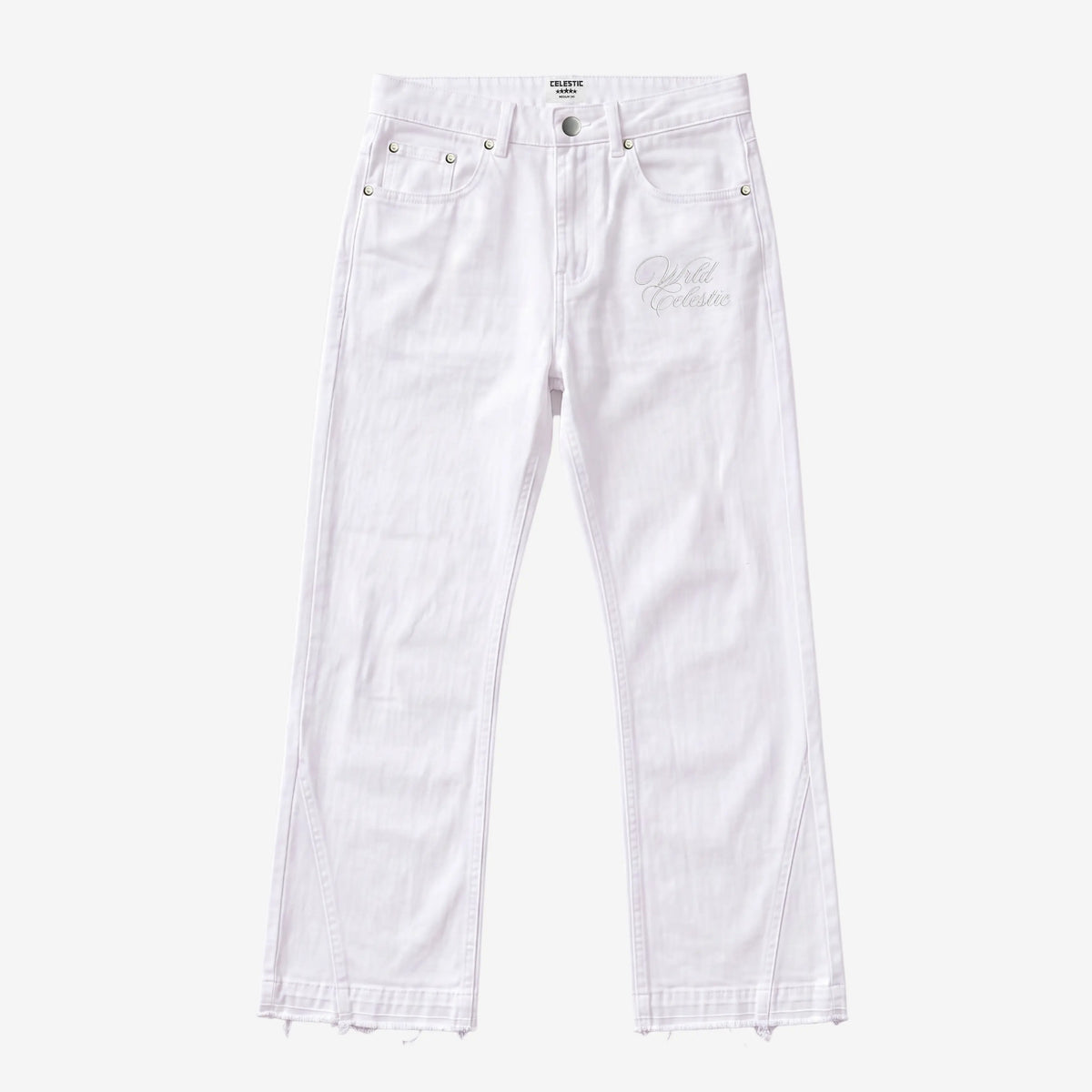 White denim jeans with a small silver embroidered logo on the left thigh, displayed flat against a light gray background.