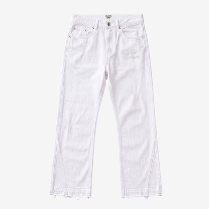 White denim jeans with a small silver embroidered logo on the left thigh, displayed flat against a light gray background.