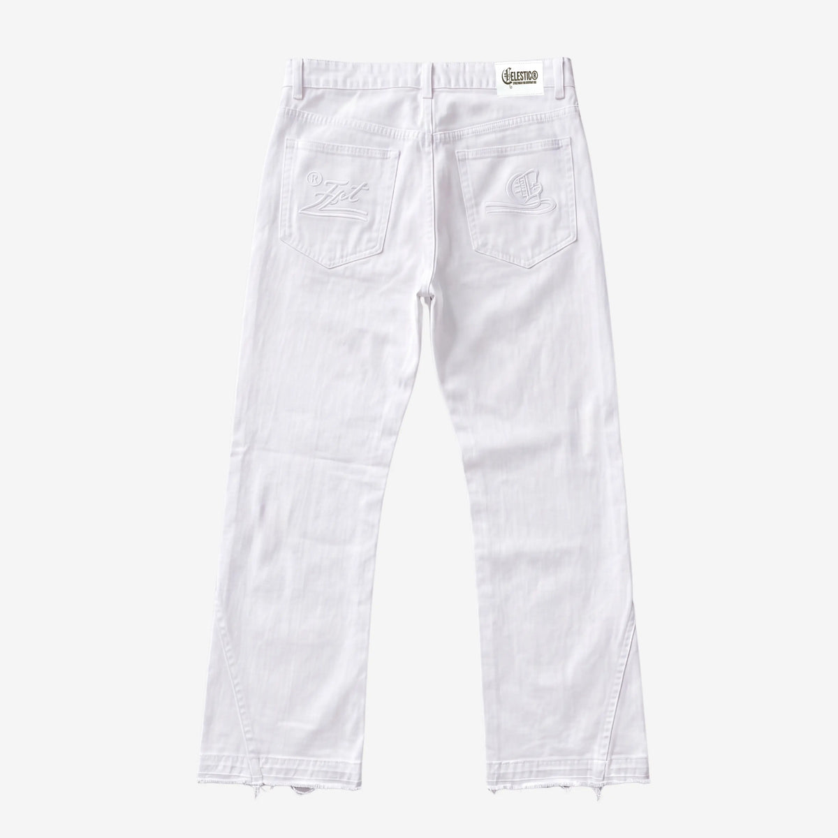 White denim jeans shown from the back, featuring a small embroidered logo on the back pocket and a brand patch at the waistband, photographed against a light gray background.