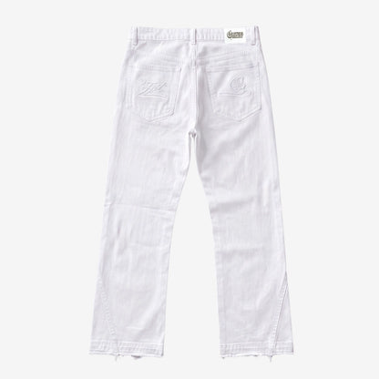 White denim jeans shown from the back, featuring a small embroidered logo on the back pocket and a brand patch at the waistband, photographed against a light gray background.
