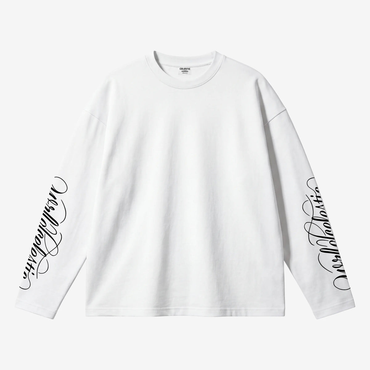 Front view of the CELESTIC White Script Longsleeve laid flat on a light grey background. Heavyweight white cotton crewneck with black Wrldcelestic script screen print running down both sleeves.