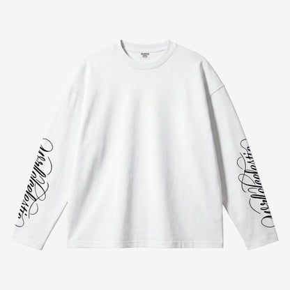Front view of the CELESTIC White Script Longsleeve laid flat on a light grey background. Heavyweight white cotton crewneck with black Wrldcelestic script screen print running down both sleeves.