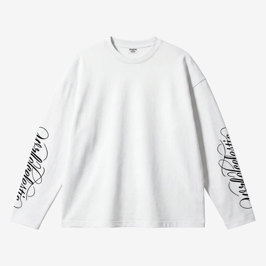 Front view of the CELESTIC White Script Longsleeve laid flat on a light grey background. Heavyweight white cotton crewneck with black Wrldcelestic script screen print running down both sleeves.
