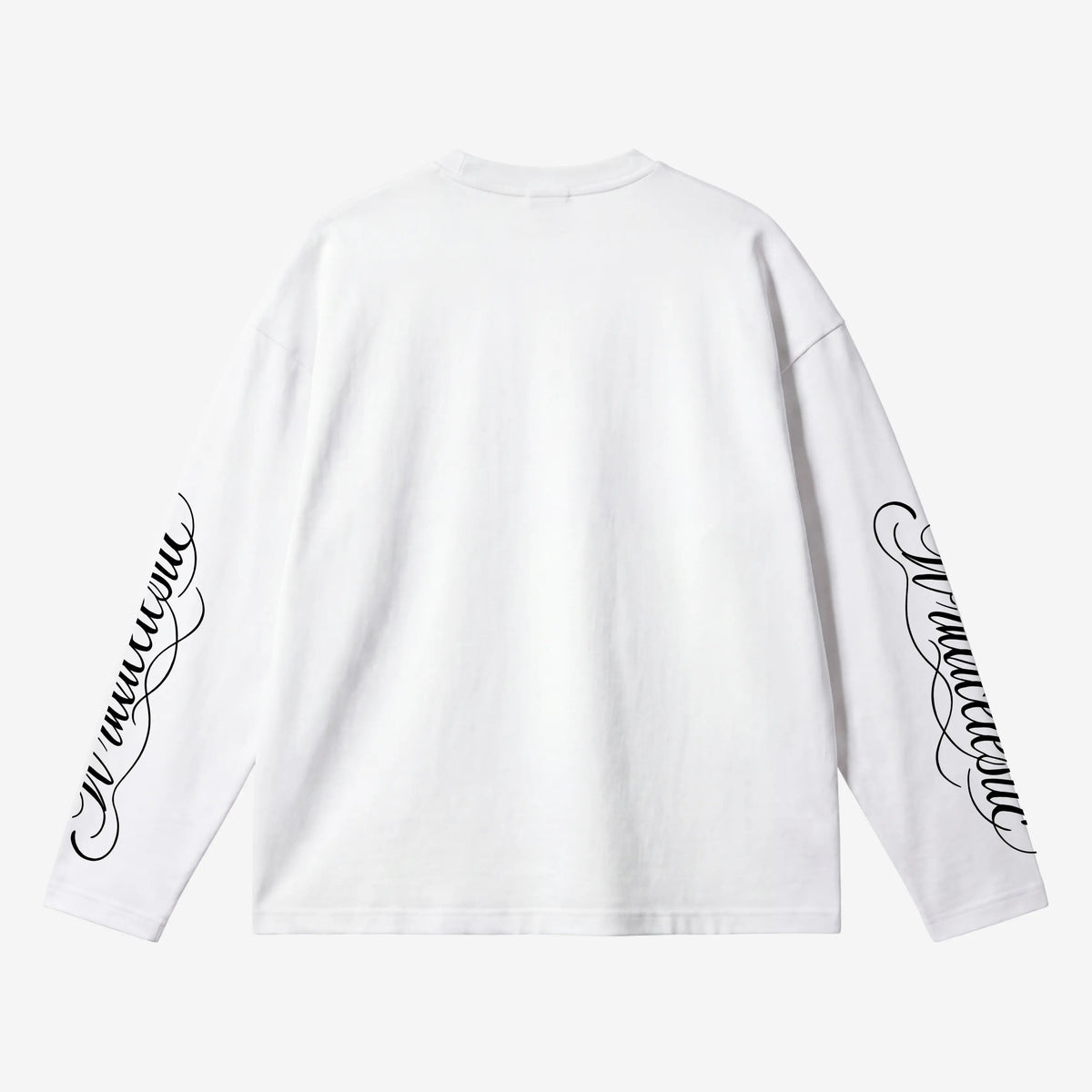 White long-sleeve t-shirt shown from the back, featuring black cursive script printed down both sleeves, displayed on a clean light gray background.