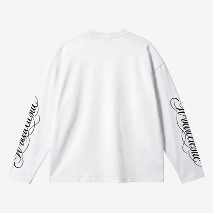 White long-sleeve t-shirt shown from the back, featuring black cursive script printed down both sleeves, displayed on a clean light gray background.