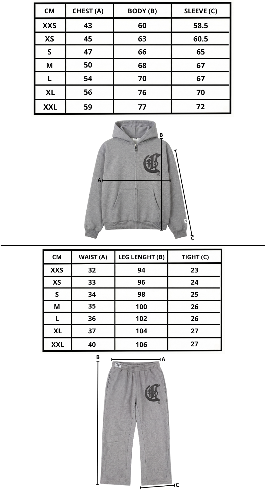 Size chart mobile