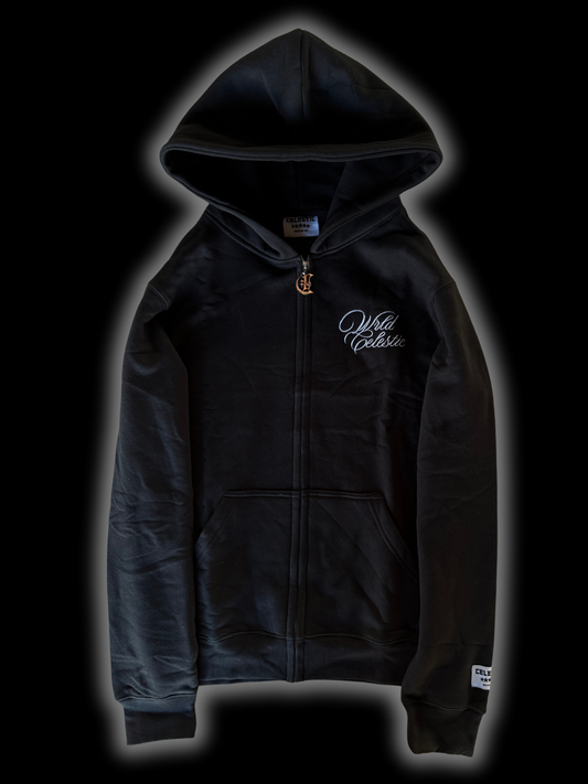 Black hoodie with a brand logo on a black background