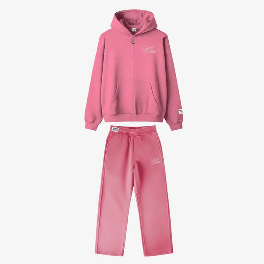 Celestic Pink Basic Tracksuit front view. Premium heavyweight oversized cotton fleece two-piece set featuring a full-zip hoodie and matching pants with white script embroidery details.