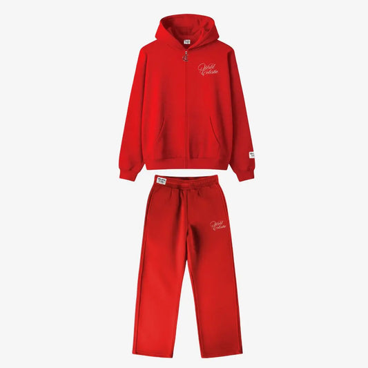CELESTIC Red Basic Tracksuit front view laid flat. Premium heavyweight red cotton fleece two-piece set featuring an oversized full-zip hoodie and matching sweatpants with white script embroidery details on the left chest and thigh.