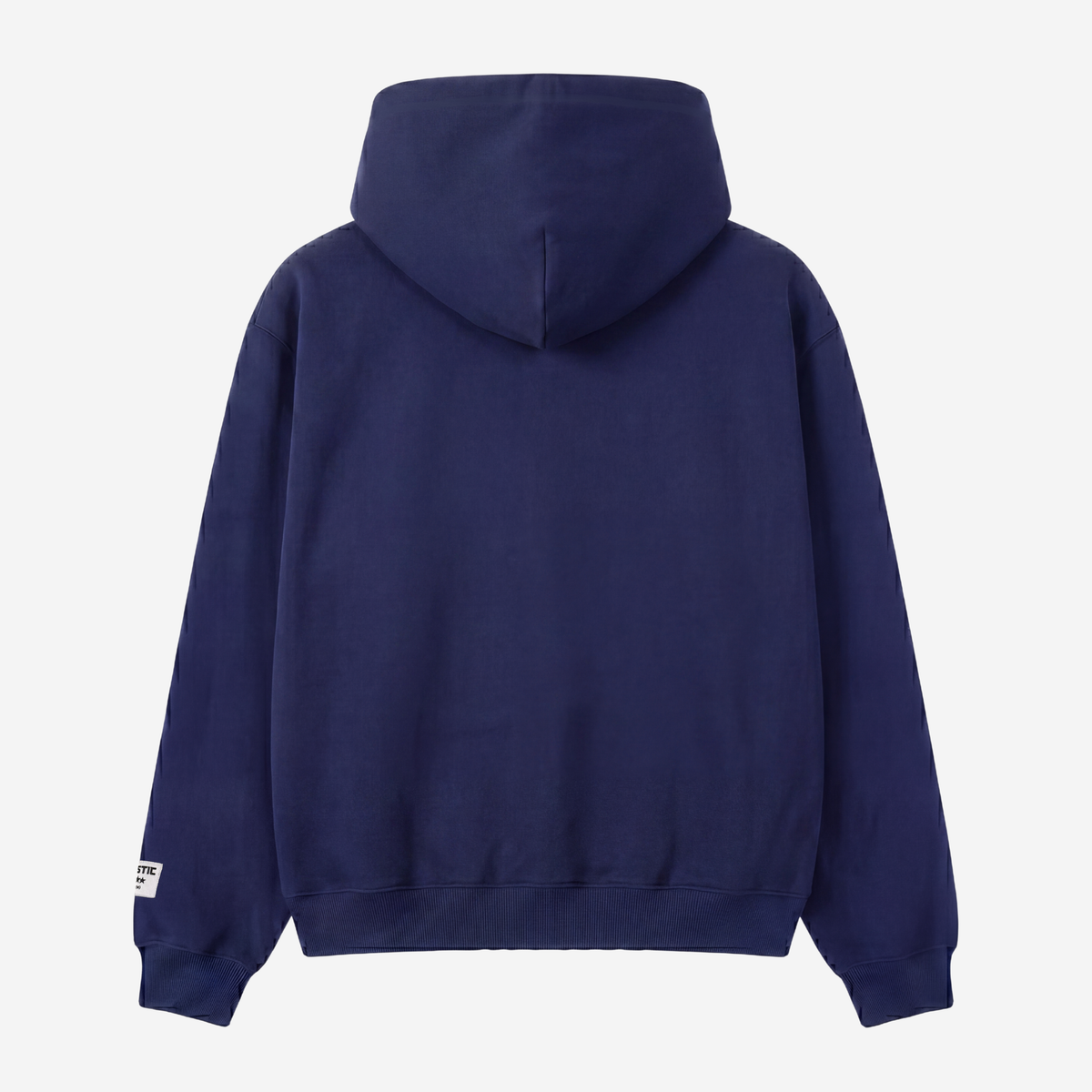 Back view of the CELESTIC Navy Blue Star Hoodie laid flat on a white background. Heavyweight navy blue cotton fleece pullover with a clean minimalist back, structured double-lined hood and ribbed cuffs and hem.