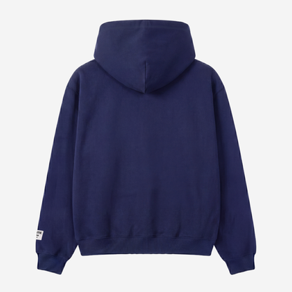 Back view of the CELESTIC Navy Blue Star Hoodie laid flat on a white background. Heavyweight navy blue cotton fleece pullover with a clean minimalist back, structured double-lined hood and ribbed cuffs and hem.