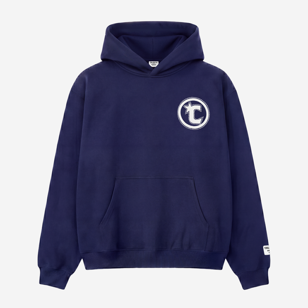 Front view of the CELESTIC Navy Blue Star Hoodie laid flat on a white background. Heavyweight navy blue cotton fleece pullover with a puff print circular C star logo and rhinestone outline on the chest, kangaroo pocket and woven brand patch on the sleeve.